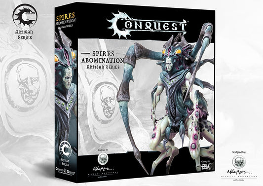 The product box for the Conquest Spires Abomination Artisan Series, a premium resin monster kit, showing the fully painted miniature on the front.