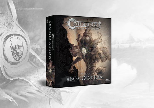 The product box for the Conquest Spires Abomination, featuring dark artwork of the monstrous creature.