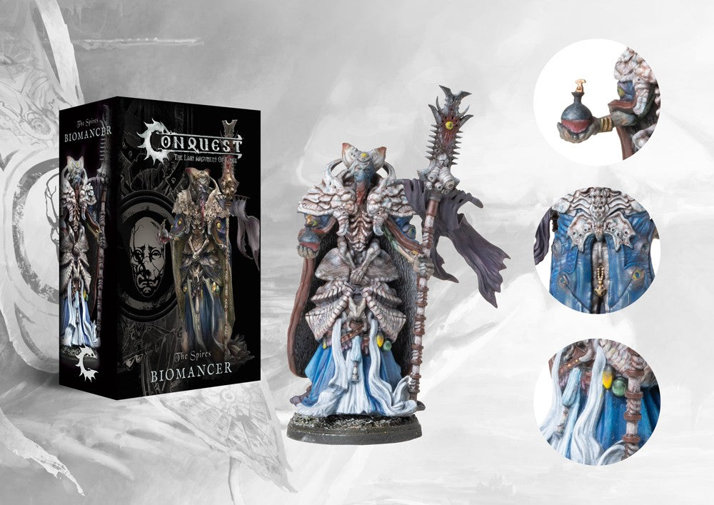 Box art for Conquest: The Spires Biomancer character miniature, showing the painted model and product details.