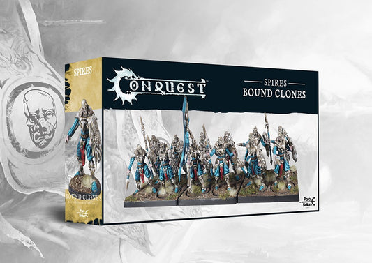 Box art for the Conquest: The Spires Bound Clones Dual Kit, a plastic set that can also build Onslaught Drones medium infantry.