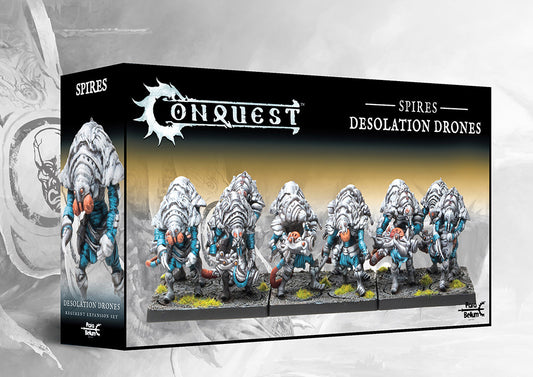 Box art for the Conquest: The Spires Desolation Drones Regiment Expansion Set, featuring 12 medium infantry plastic miniatures.