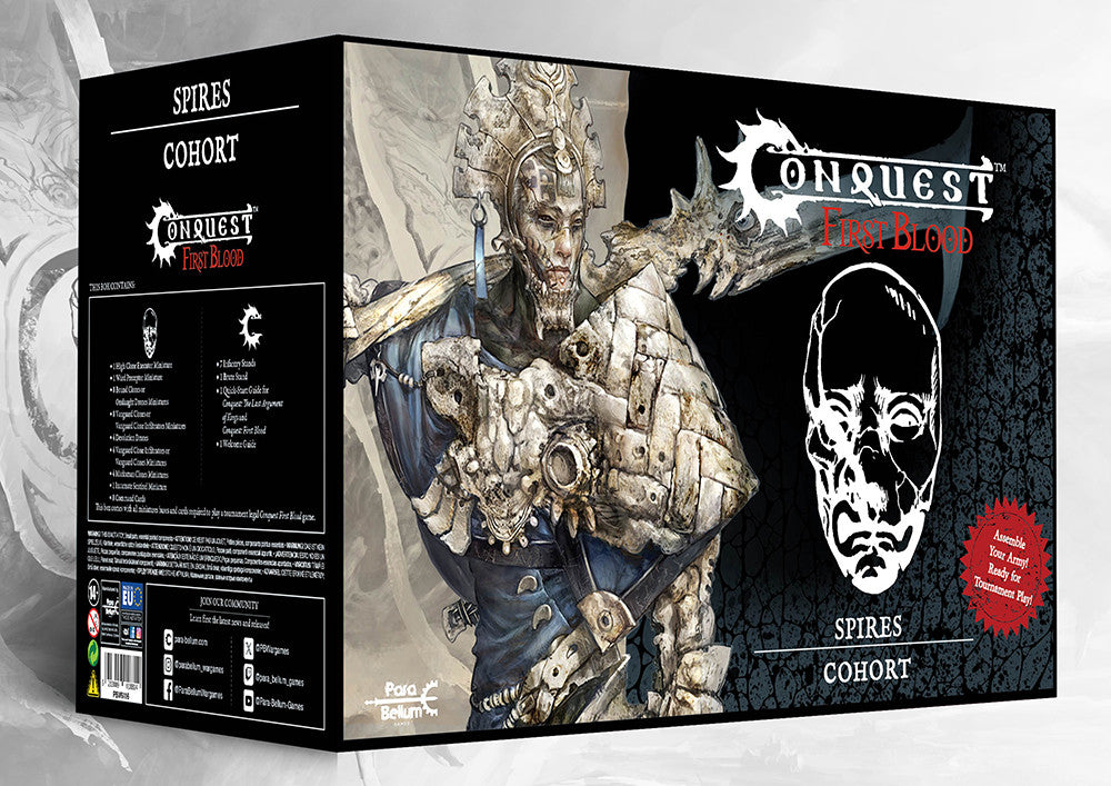 Box art for the Conquest: First Blood Cohort Starter Set for The Spires, a 1000-point army in a box ready for skirmish and mass battles.