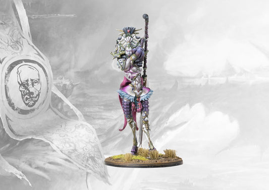 Fully painted Resin Lineage Highborne character miniature for Conquest: The Spires, the elite leader who unlocks Avatara units.