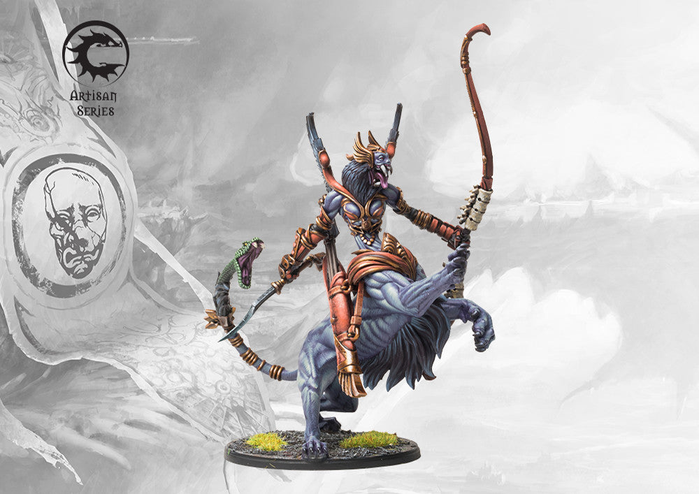 Close-up view of the Spires Lineage Prideborne character model, highlighting the unique leonine lower body, expressive face, and snake-like whip.
