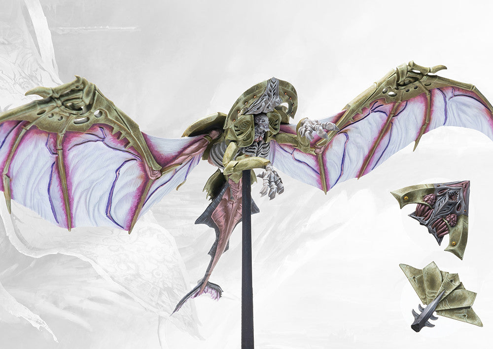 Fully painted Pteraphon monster miniature for Conquest: The Spires, a large winged bio-engineered flying unit mounted on a combat stand.