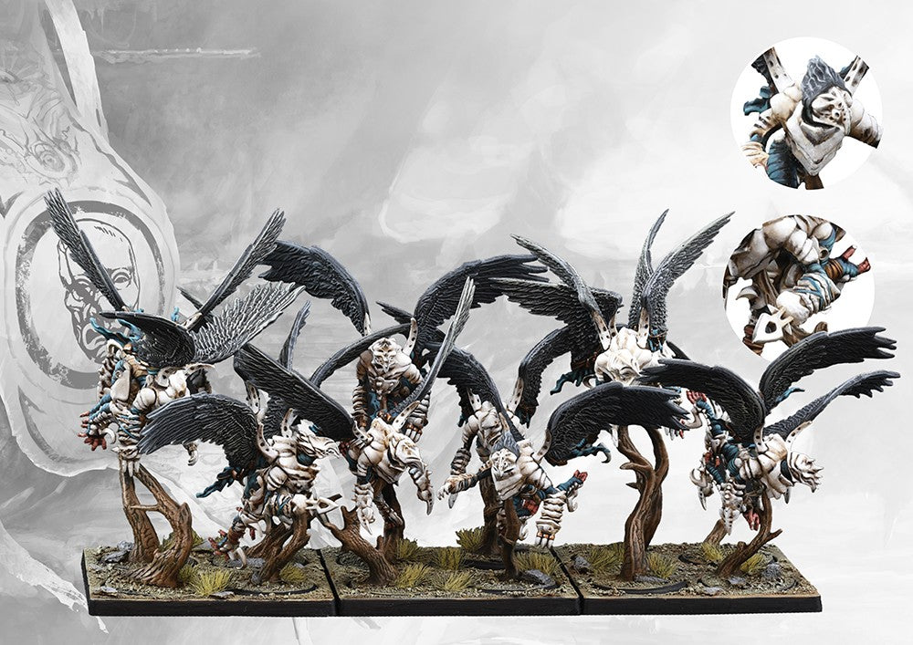A fully painted regiment of Conquest Spires Stryx miniatures, showing the winged light infantry models on flight stands and including close-up details of the masked faces.