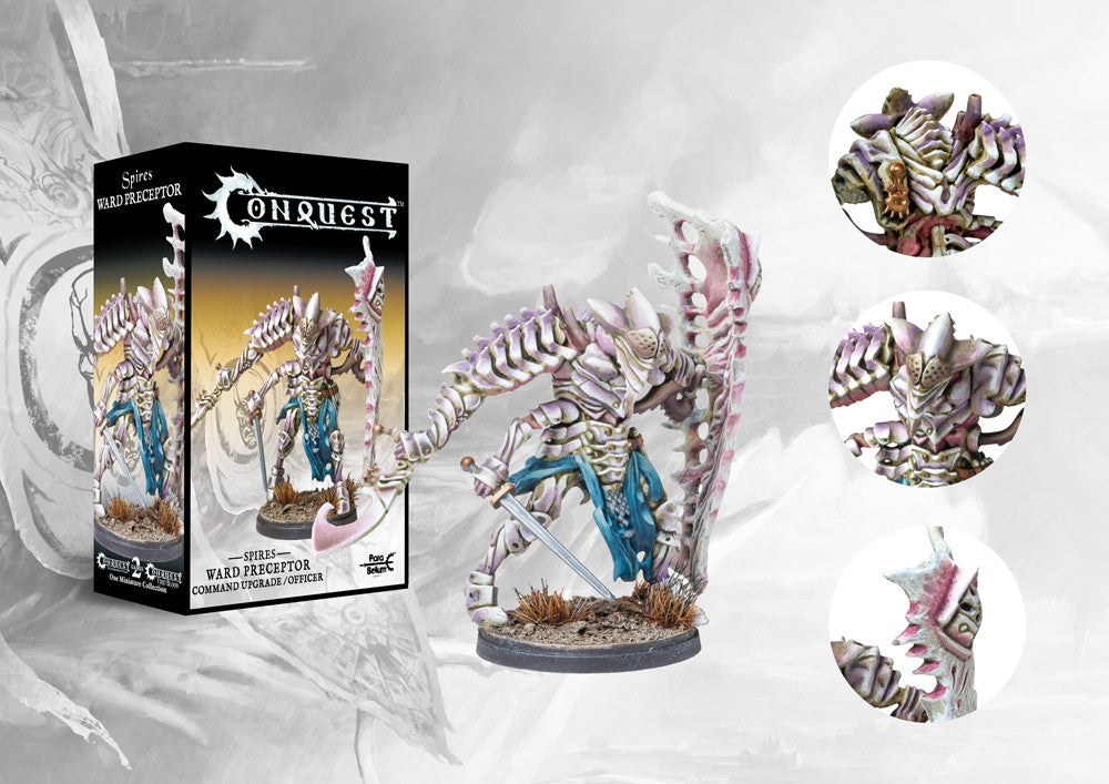 Box art for the Conquest: The Spires Ward Preceptor Command Upgrade/Officer, an elite warrior miniature with heavy bone shield and armor.