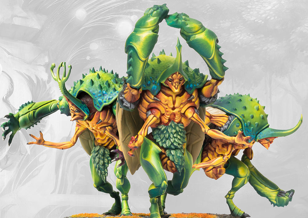A trio of Gallowglass Warriors for the Spires, showcasing the vibrant green and orange-yellow iridescent organic armor plates of these Weaver Courts creations.