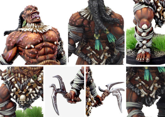 Close-up detail shots of the W'adrhŭn Aberration miniature, highlighting the snarling face, muscular physique, exposed blisters, and bone decoration.0