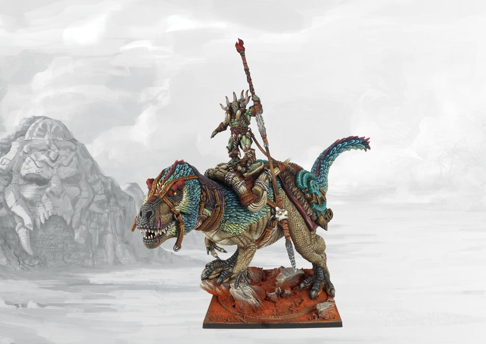 Fully painted Apex Predator monster miniature for Conquest: The W'adrhŭn, a massive T-Rex-like beast ridden by an orc-like W'adrhŭn character (Predator Rider).