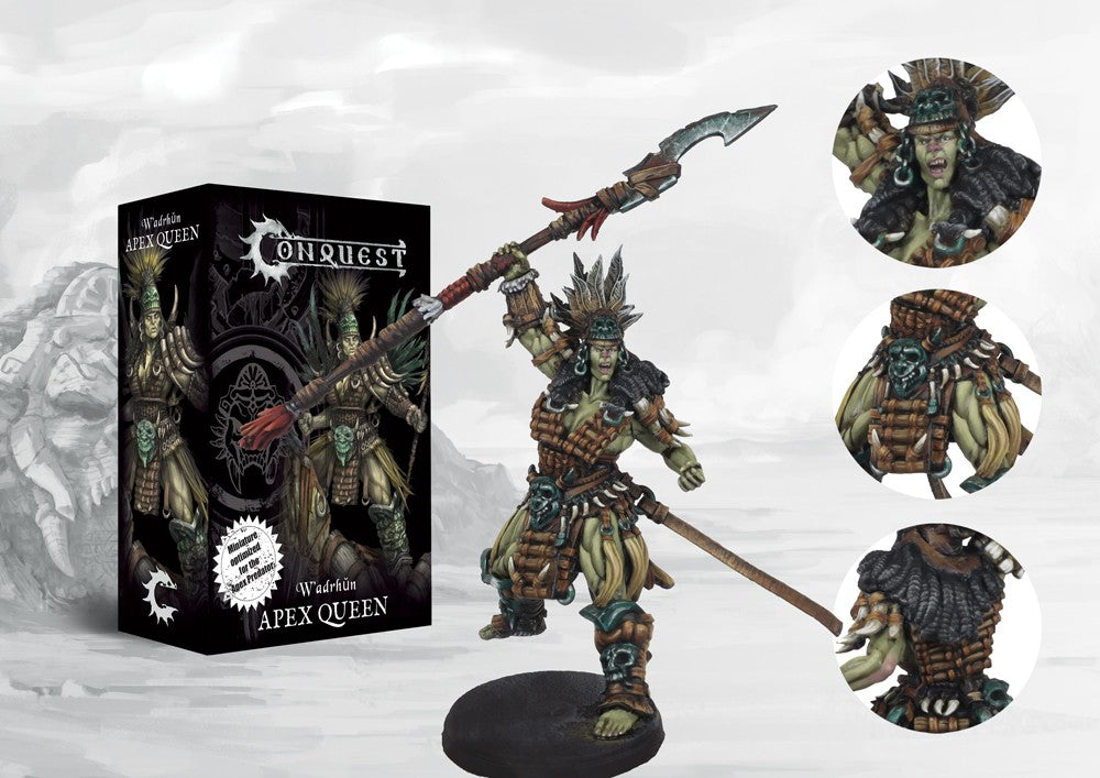 Fully painted Apex Queen resin character miniature for Conquest: The W'adrhŭn, a powerful female warrior and leader armed with a large spear.