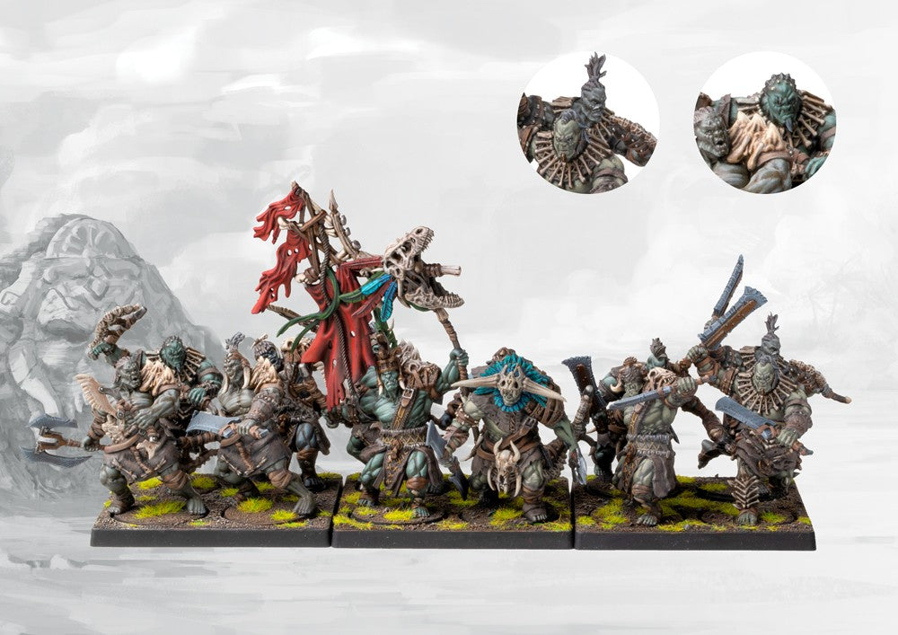 A fully painted W'adrhŭn Blooded regiment (medium infantry), showcasing the command model with the distinctive tribal banner and heavy melee weapons.