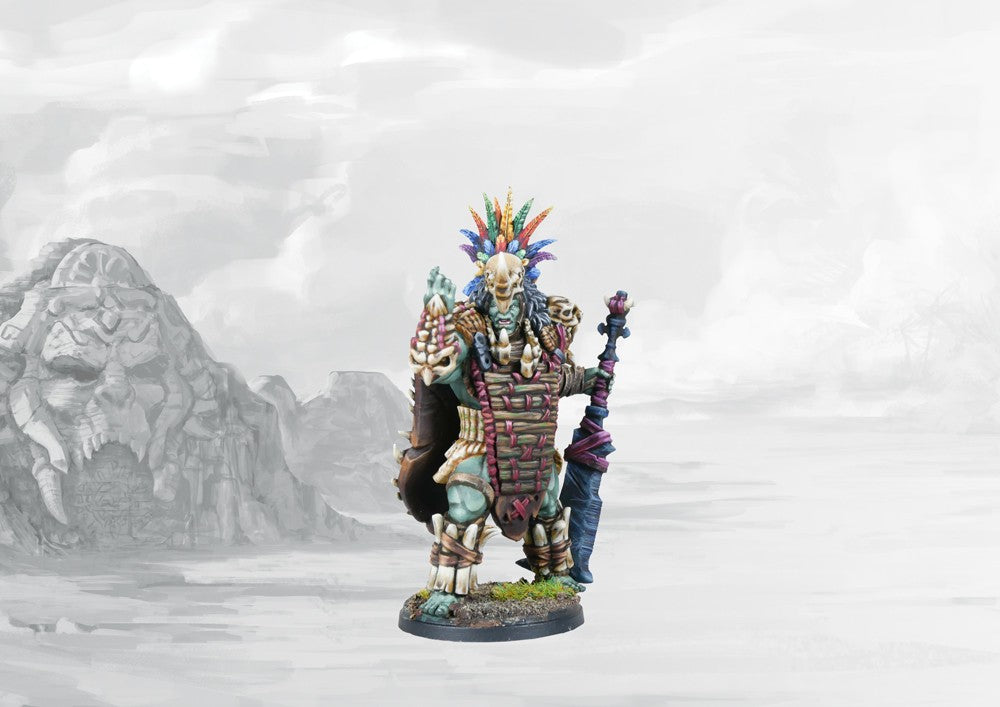 Fully painted Chieftain resin character miniature for Conquest: The W'adrhŭn, the powerful tribal leader with a massive mace and ornate feathered headdress.