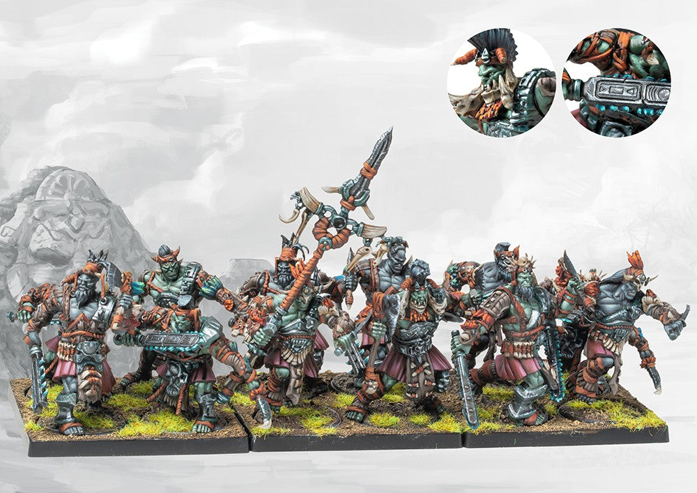 A fully painted W'adrhŭn Chosen of Conquest regiment, showcasing the heavily armored, elite infantry with imposing weapons and tribal command standard.
