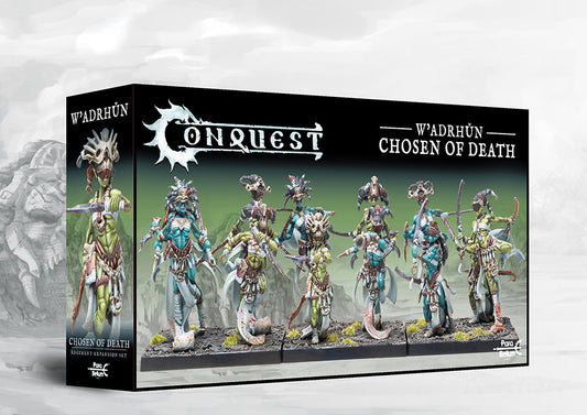 Box art for the Conquest: W'adrhŭn Chosen of Death Regiment Expansion Set (Plastic), featuring the elite female warrior unit. This dual kit also builds Veterans.