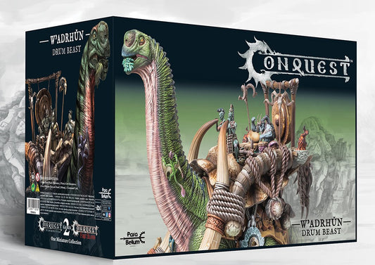 Box art for the Conquest: W'adrhŭn Drum Beast Monster Expansion Set (Huge Plastic Miniature), featuring the docile Tontorr mount carrying the massive tribal drums and crew.