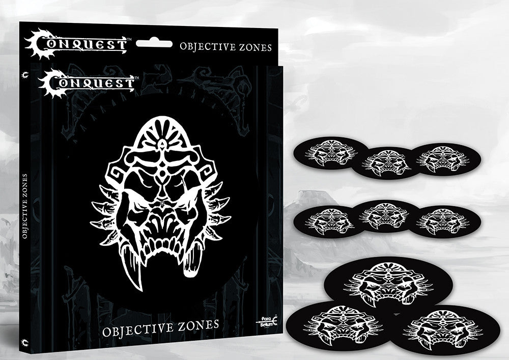 Set of 9 ultra-thin objective zone markers for Conquest: The Last Argument of Kings, featuring the W'adrhŭn Faction Logo (skull) in white on black polypropylene. This accessory set includes three 9" Zones and six 6" Zones for tabletop gameplay.