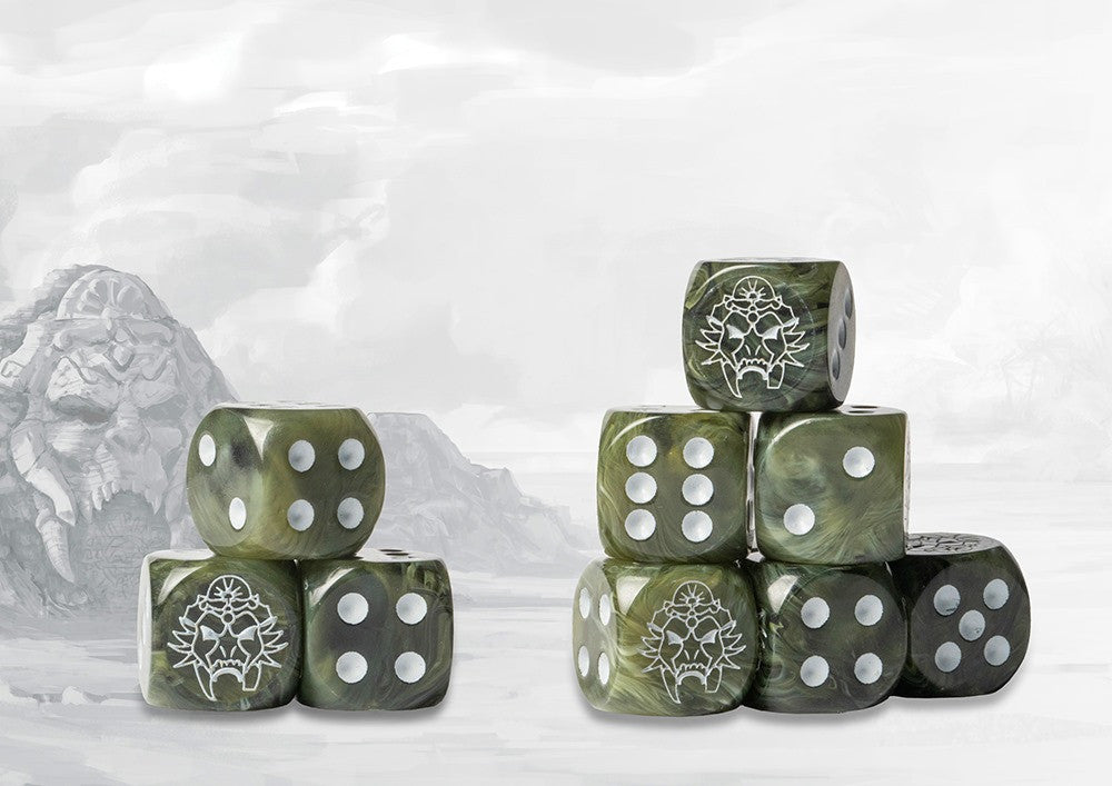 Pack of 24 Conquest 16mm resin dice for the W'adrhŭn faction, featuring a green marbled or jade effect with white pips. The W'adrhŭn symbol replaces the '1' side, perfect for use in Conquest: The Last Argument of Kings and First Blood.