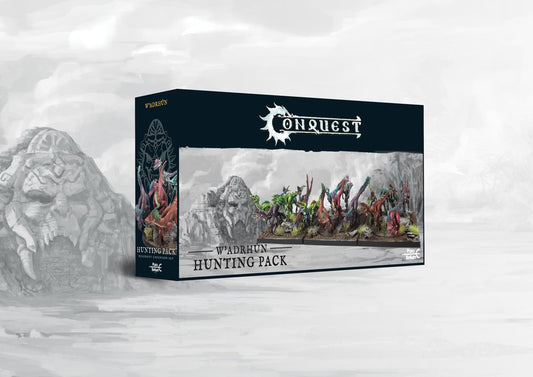 Box art for the Conquest: W'adrhŭn Hunting Pack Regiment Expansion Set, containing multiple small uzibukhali (smart claw) dinosaur miniatures.