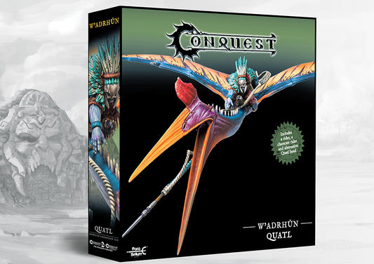 Box art for the Conquest: W'adrhŭn Quatl Monster Expansion Set, a large plastic kit of a flying dinosaur ridden by a W'adrhŭn warrior.