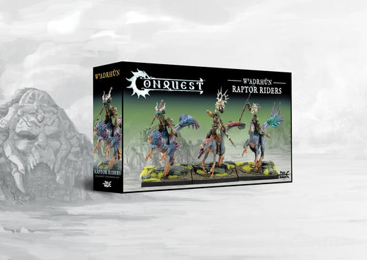 Box art for the Conquest: W'adrhŭn Raptor Riders Regiment Expansion Set, featuring three models of light cavalry riding feathered dinosaur mounts.