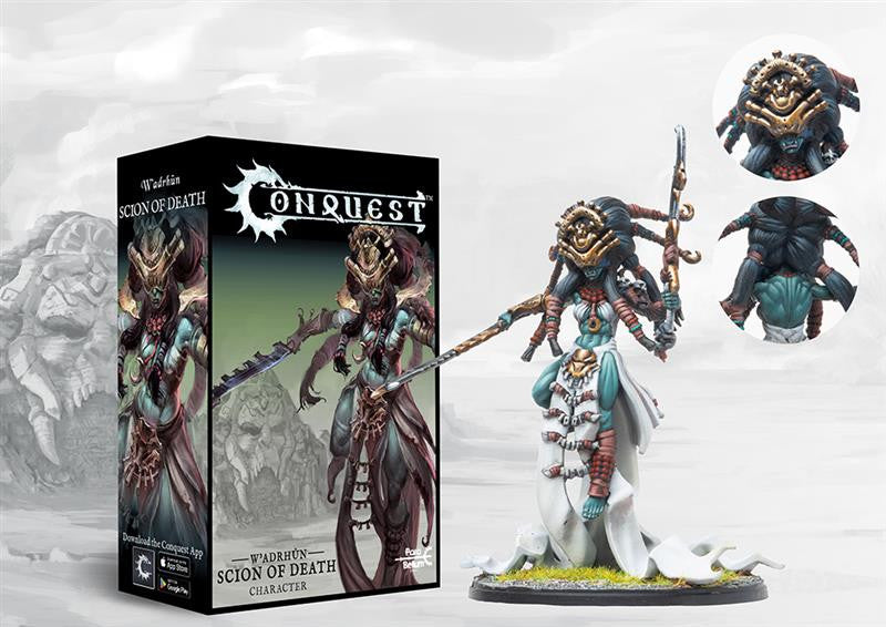 Box art for the Conquest W'adrhŭn Scion of Death Character, a multi-limbed War-Priest miniature dedicated to the Cult of Death.