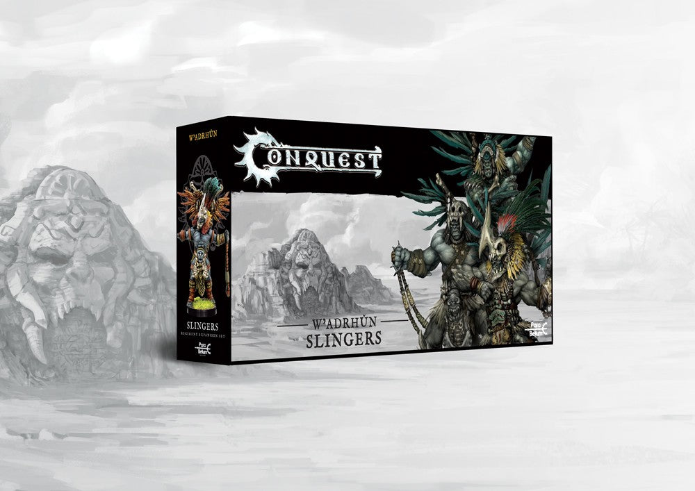 Box art for the Conquest W'adrhŭn Slingers Regiment Expansion Set, a Dual Kit that also builds the Hunters unit (Light Missile Infantry).