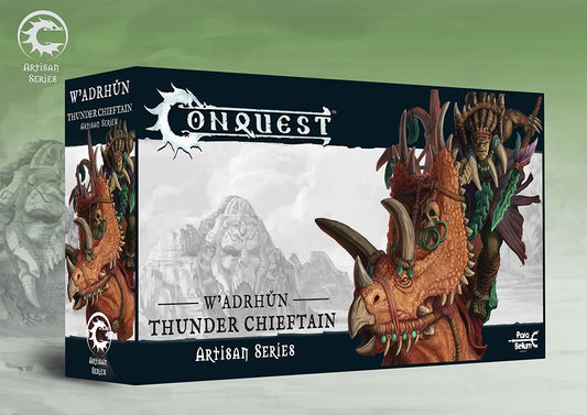 Box art for the W'adrhŭn Thunder Chieftain Artisan Series, a resin cavalry character miniature mounted on a heavily armored Ceratopsian dinosaur.