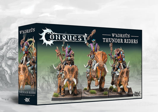 Box art for the Conquest W'adrhŭn Thunder Riders Regiment Expansion Set, featuring heavy shock cavalry riding horned Ceratopsian dinosaurs.