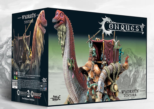 Box art for the Conquest W'adrhŭn Tontorr Monster Expansion Set, featuring the huge, long-necked dinosaur monster with tribal war wagon/crew.