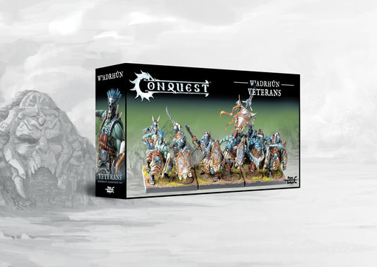 Box art for the Conquest W'adrhŭn Thunder Riders Regiment Expansion Set, featuring heavy shock cavalry riding horned Ceratopsian dinosaurs.