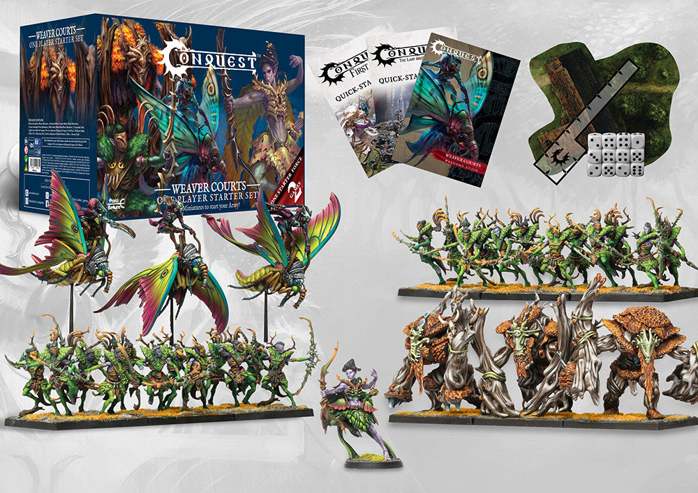 The complete Conquest: Weaver Courts One Player Starter Set, showing the box, miniatures like the Sciathan Riders and Crann Guardians, dice, and rulebooks.