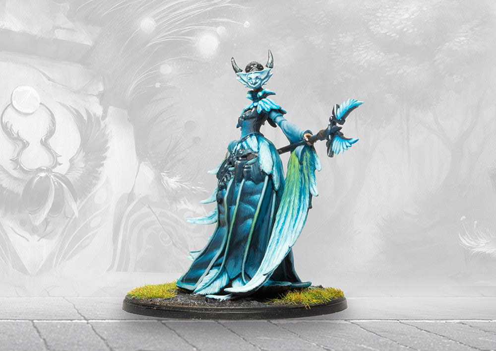 A studio-painted miniature of the Seanchas Sidhe from the Conquest tabletop game, a tall, elegant fey creature in a flowing blue gown.