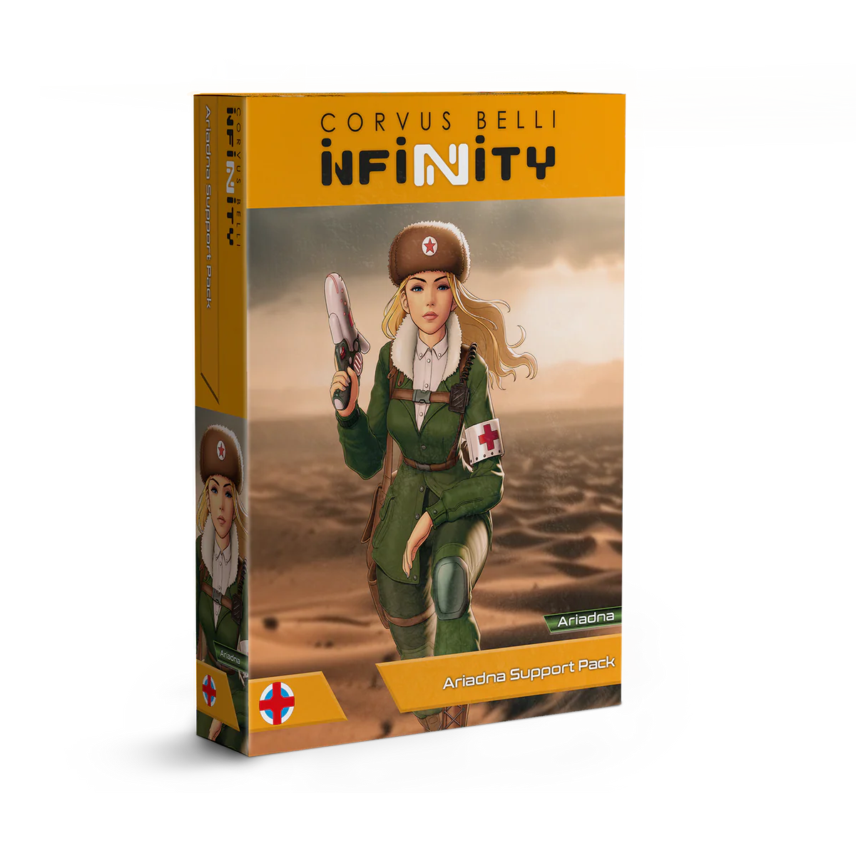 Retail box art for the Infinity the Game Ariadna Support Pack featuring the Kazak Doktor illustration.