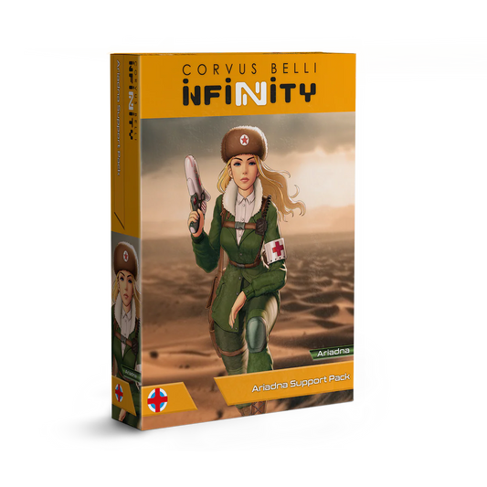 Retail box art for the Infinity the Game Ariadna Support Pack featuring the Kazak Doktor illustration.