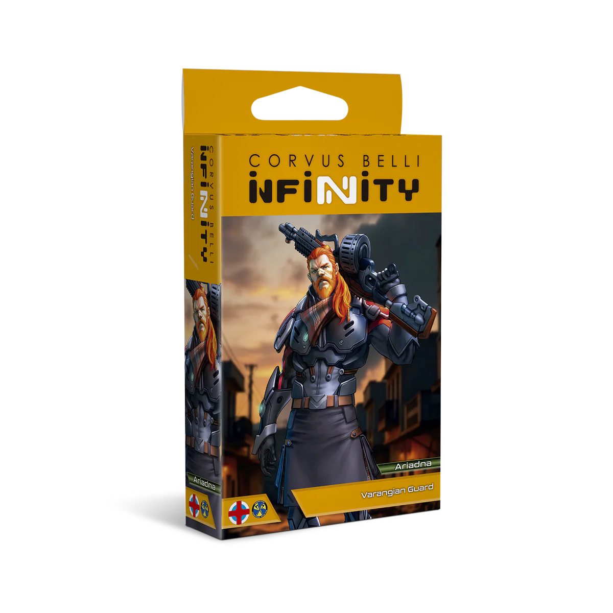 Official retail box packaging for the Corvus Belli Infinity Ariadna Varangian Guard unit.