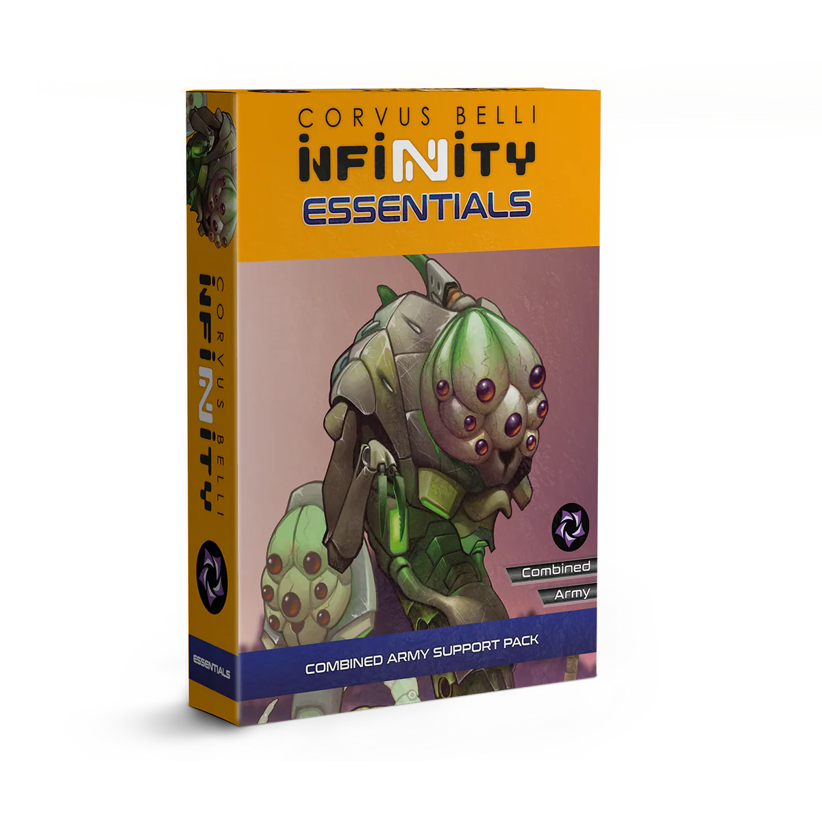 Retail box for the Infinity Essentials Combined Army Support Pack featuring the Med-Tech Obsidon Medchanoid artwork.