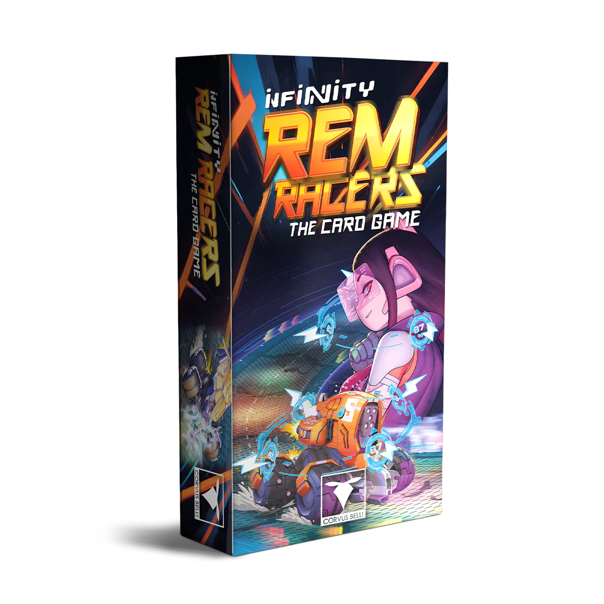 Official box art for Infinity REM Racers The Card Game by Corvus Belli, featuring a futuristic hacker pilot and racing remote.