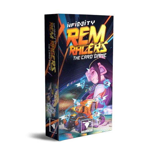 Official box art for Infinity REM Racers The Card Game by Corvus Belli, featuring a futuristic hacker pilot and racing remote.