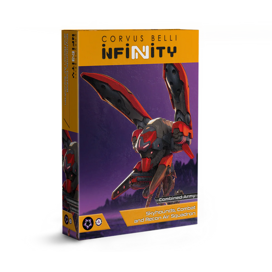 Retail box art for the Infinity Skyhounds Combat and Recon Air Squadron, featuring a high-speed Airquake mini-aircraft.