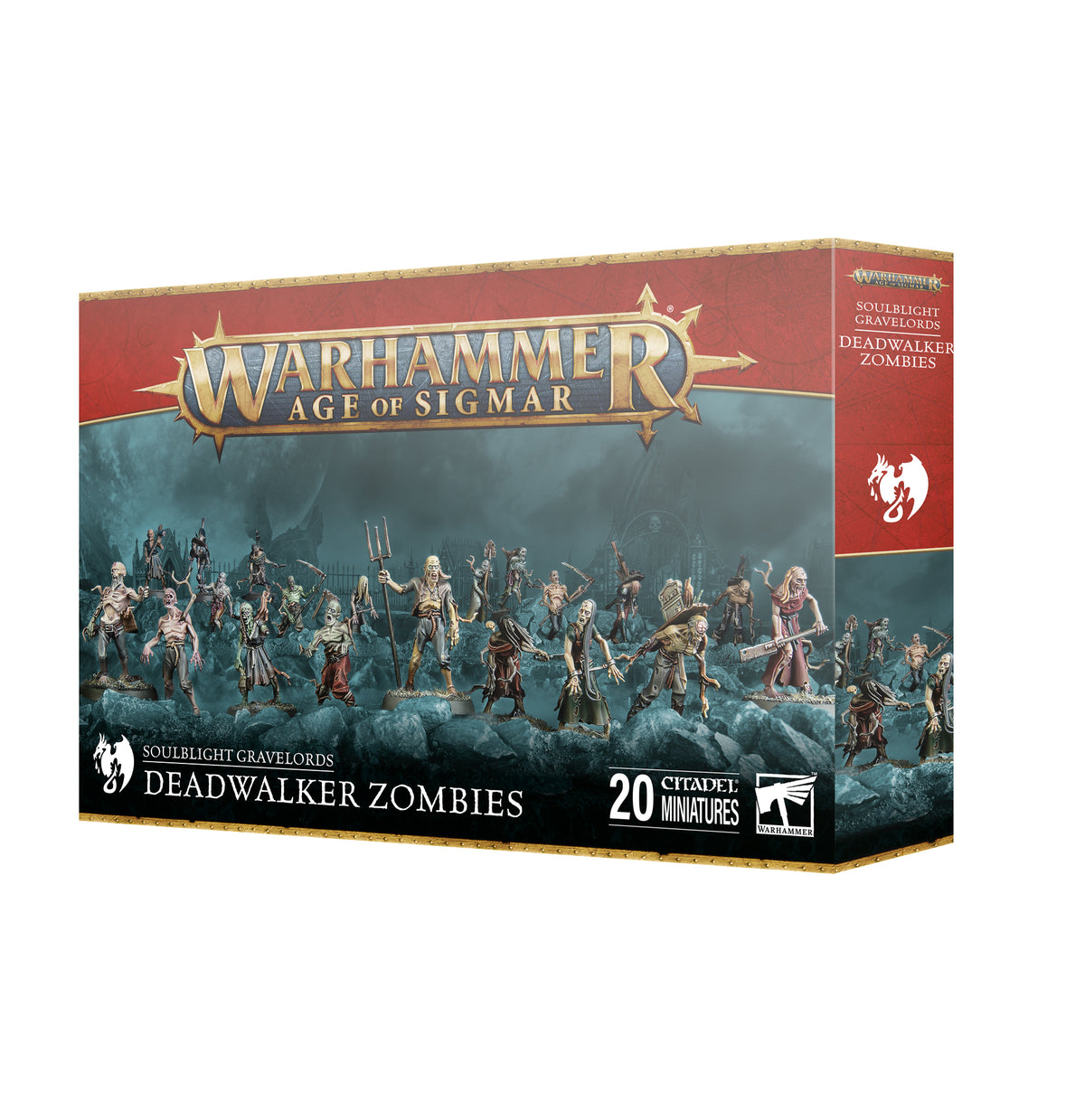 The official retail product box for the Deadwalker Zombies miniature kit, featuring the fully assembled and painted Soulblight Gravelords models.