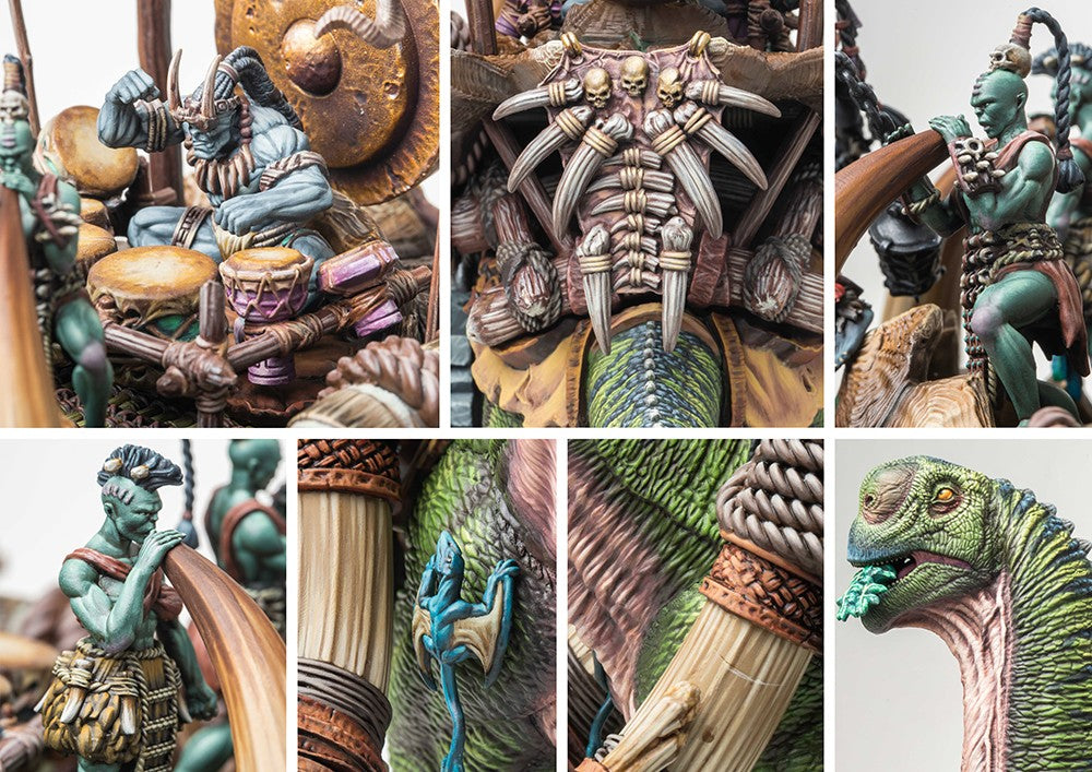 Close-up details of the Drum Beast crew, showing the W'adrhŭn drummers and horn-blowers, bone armor, and the large tusks of the dinosaur mount.