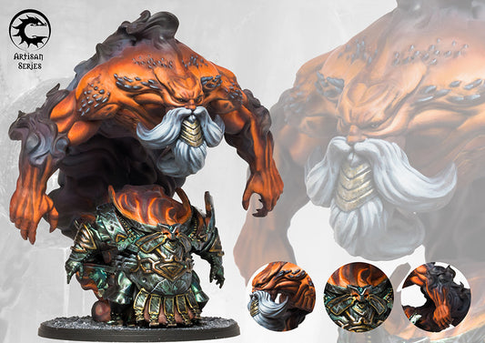 Fully painted Dweghom Ancestor Artisan Series miniature, showcasing the powerful elemental fire/smoke spirit forming above the dwarf's armored body.