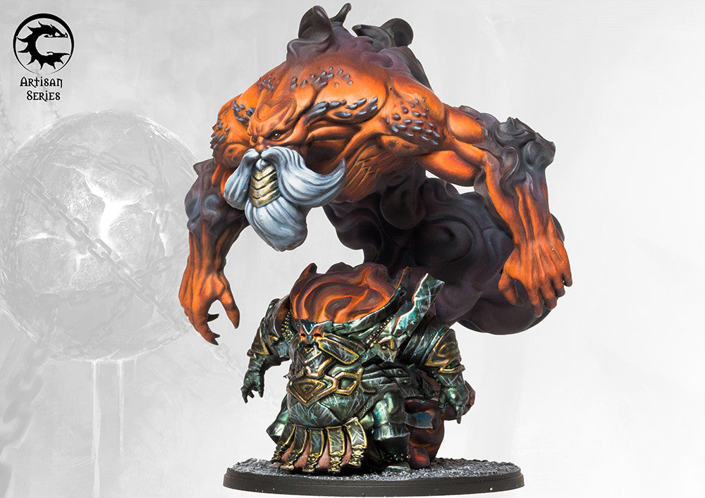 Close-up shot of the Dweghom Ancestor model, showing the translucent blue and orange smoke and fire effects of the elemental spirit form.
