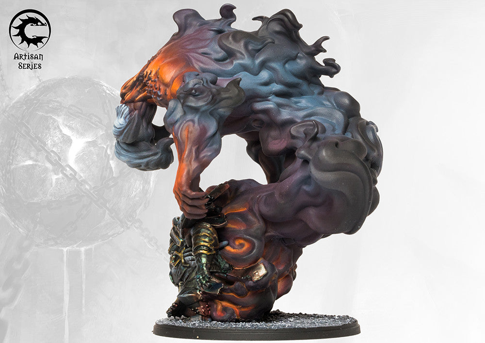 Side view of the painted Dweghom Ancestor miniature, emphasizing the dynamic elemental smoke and fire effects emanating from the dwarf's body.