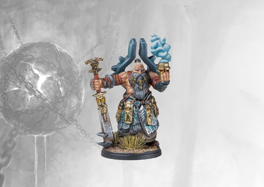 Fully painted Dweghom Ardent Kerawegh miniature, showcasing the powerful character casting a spell with glowing blue elemental smoke and his massive runic blade.