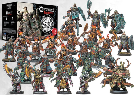 The assembled and painted Dweghom Cohort army, featuring Hold Ballistae, Flame Berserkers, Hold Thanes, and character models, ready for tournament play.