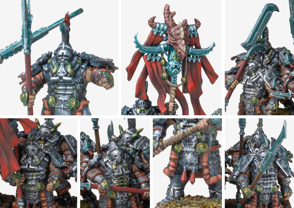 Close-up details of the Dragonslayers miniature, emphasizing the intricate scale-like heavy armor, spiked helmets, and the large, monster-slaying spears.