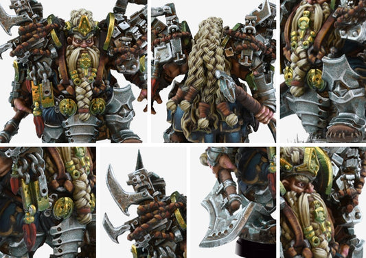 Detail view of the painted Dweghom Exemplar Raegh miniature, emphasizing the incredibly long, thick braided hair and the detailed back armor.