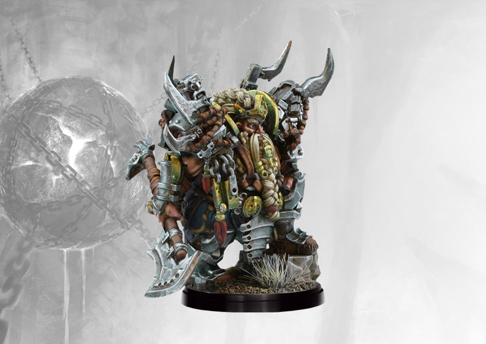 Fully painted Dweghom Exemplar Raegh miniature, showcasing the heavily armored dwarf hero wielding a huge axe and shield on a scenic base.
